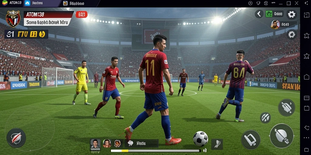 Screenshot ATOM138 menampilkan aksi pertandingan sepak bola yang intens.
